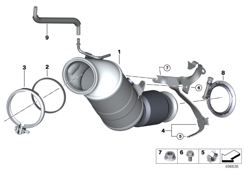Picture board Engine-compartment catalytic converter for the BMW 3 Series models  Original BMW spare parts from the electronic parts catalog (ETK) for BMW motor vehicles (car)   Cable clamp, Exch catalytic converter close to engine, Gasket ring, Hex Bolt 