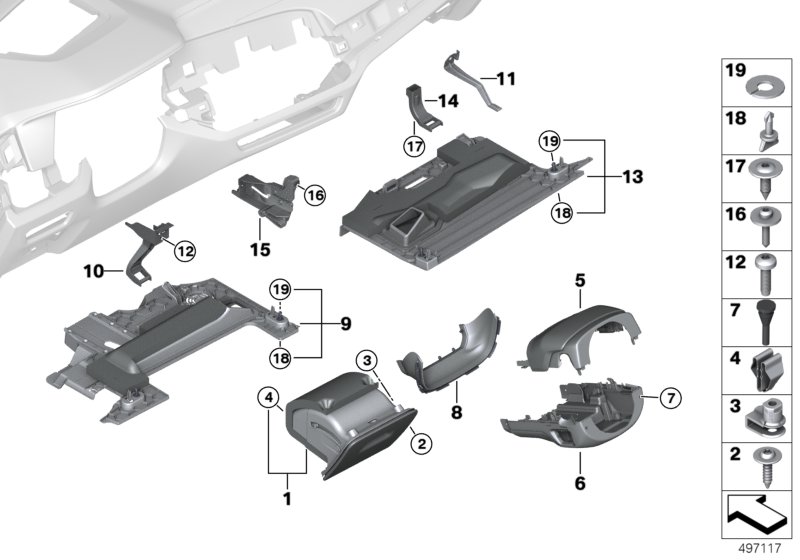 Picture board Mounting parts, instrument panel, bottom for the BMW X Series models  Original BMW spare parts from the electronic parts catalog (ETK) for BMW motor vehicles (car)   C-clip plastic nut, Clamp, Combi. fillister head self-tapping screw, Driver