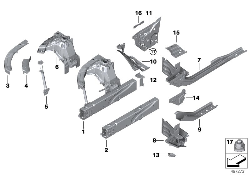 Picture board Wheelhouse/engine support for the BMW 3 Series models  Original BMW spare parts from the electronic parts catalog (ETK) for BMW motor vehicles (car)   A-column, inner front right, Carr.supp. w/o VIN, wheel arch fr. right, Carrier support whe
