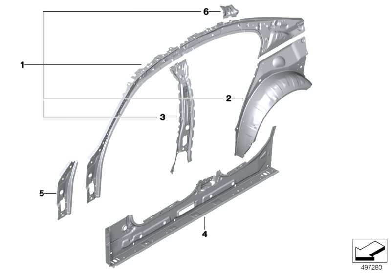 Picture board Side frame, inner for the BMW 3 Series models  Original BMW spare parts from the electronic parts catalog (ETK) for BMW motor vehicles (car)   A-pillar inner rear right, Column B inside right, Frame side member, inner left, Left interior sid