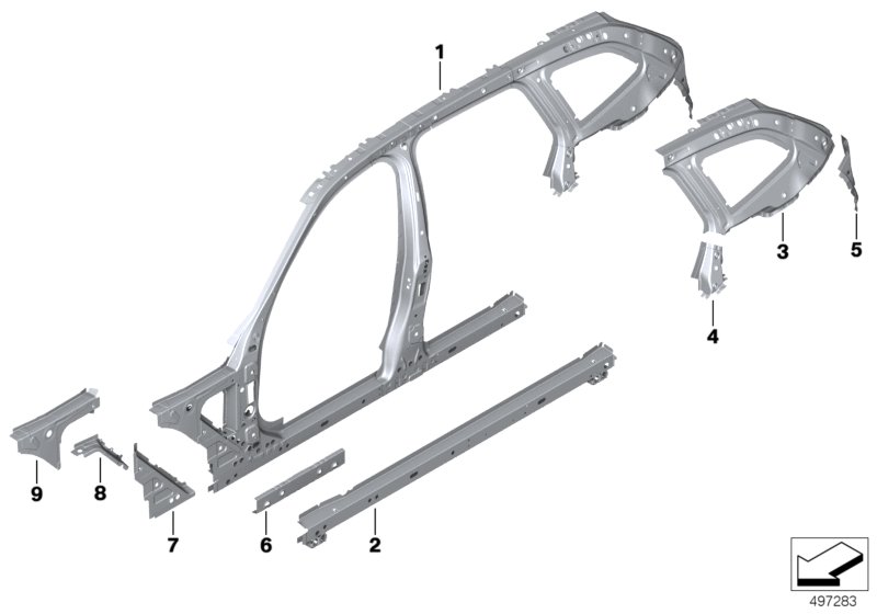 Picture board Side frame, middle for the BMW 3 Series models  Original BMW spare parts from the electronic parts catalog (ETK) for BMW motor vehicles (car)   Bulkhead plate, A-pillar right, Bulkhead side member front, C-pillar support, left, Extension, wh