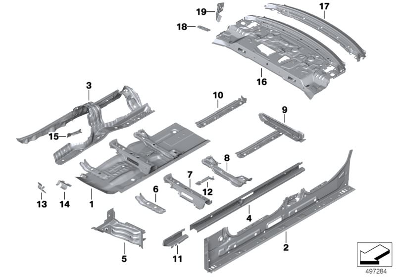 Picture board Partition trunk/Floor parts for the BMW 3 Series models  Original BMW spare parts from the electronic parts catalog (ETK) for BMW motor vehicles (car)   Bracket f shifting arm bearing, Connection, side frame, right, Console, transmission car