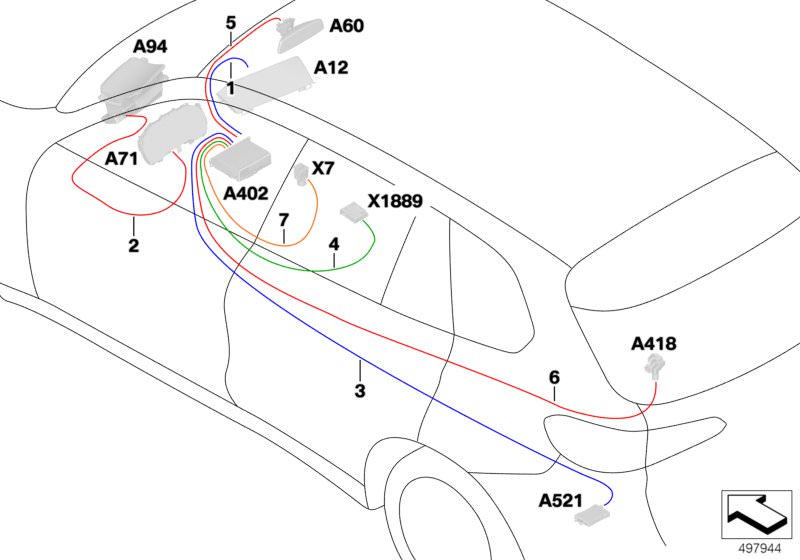 Bildtafel Rep.- Kabel Hauptkabelbaum HSD für die BMW X Modelle  Original BMW Ersatzteile aus dem elektronischen Teilekatalog (ETK) für BMW Kraftfahrzeuge( Auto)    HSD - Leitung, HSD Leitung I-Kombi/ Head Up Display, HSD-Leitung Head Unit - CD Laufwerk, H