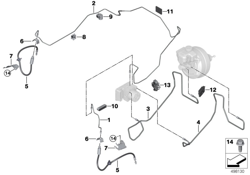 Illustration du Tuyau de frein avant pour les BMW 3 Série Modèles  Pièces de rechange d'origine BMW du catalogue de pièces électroniques (ETK) pour véhicules automobiles BMW (voiture)   Base, Brake hose front, Brake pipe bracket, Clip, Grommet bottom part