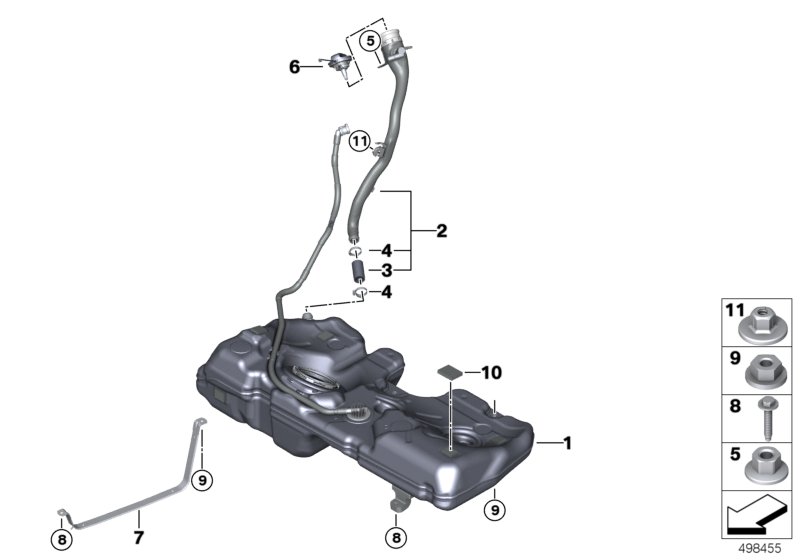 Bildtafel Kraftstoffbehälter/Anbauteile für die BMW 1er Modelle  Original BMW Ersatzteile aus dem elektronischen Teilekatalog (ETK) für BMW Kraftfahrzeuge( Auto)    Befüllschlauch, Einfüllrohr Kunststoff, Kombi-Sechskantschraube, Kraftstofftank Kunststoff