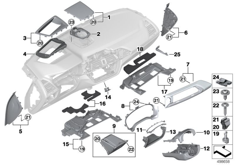 Picture board Mounting parts, instrument panel for the BMW X Series models  Original BMW spare parts from the electronic parts catalog (ETK) for BMW motor vehicles (car)   Adapter, centre speaker, Clamp, Cover, dashboard, right, Gap cover, steering column