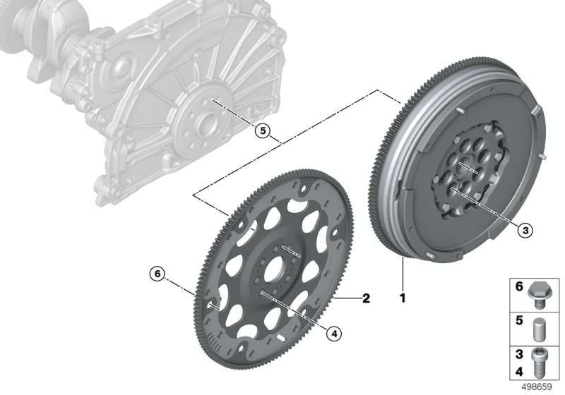 Picture board Flywheel for the BMW 5 Series models  Original BMW spare parts from the electronic parts catalog (ETK) for BMW motor vehicles (car)   Flywheel automatic, Hex Bolt, ISA screw, Pin