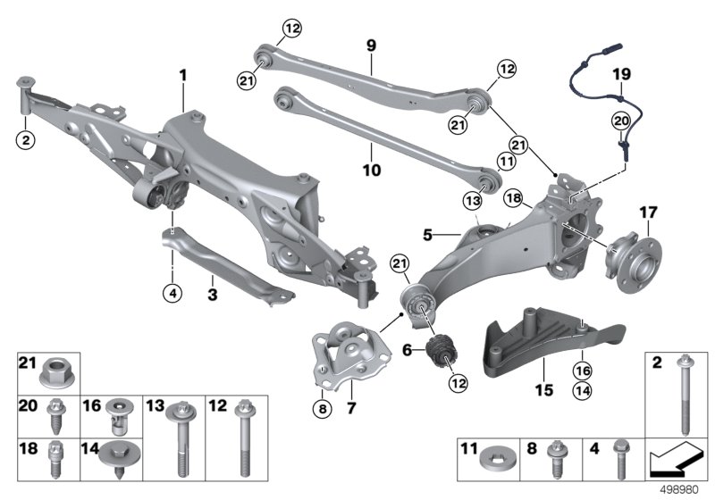 Picture board Rr axle support, wheel susp.,whl bearing for the BMW X Series models  Original BMW spare parts from the electronic parts catalog (ETK) for BMW motor vehicles (car)   ASA screw with flange, ASA-Bolt, Bracket, trailing arm right, Covering righ
