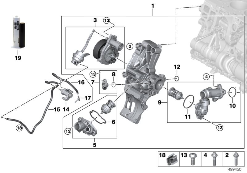 Picture board Cooling system - coolant pump/thermostat for the BMW 1 Series models  Original BMW spare parts from the electronic parts catalog (ETK) for BMW motor vehicles (car)   Clip, Component carrier with mounted parts, Connecting branch coolant line,