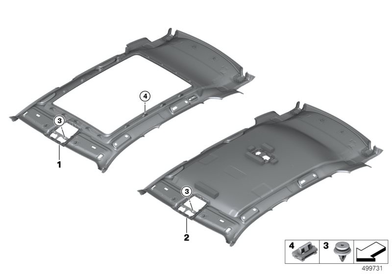 Picture board Headlining for the BMW X Series models  Original BMW spare parts from the electronic parts catalog (ETK) for BMW motor vehicles (car)   Clip Natur, Clip, panoramic glass sunroof, Headlining, Headlining panoramic roof