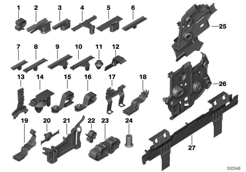 Picture board Various cable holders for the BMW X Series models  Original BMW spare parts from the electronic parts catalog (ETK) for BMW motor vehicles (car)   Adapter plate, Bracket plug connection left, Bracket plug connection right, Bracket plug termi