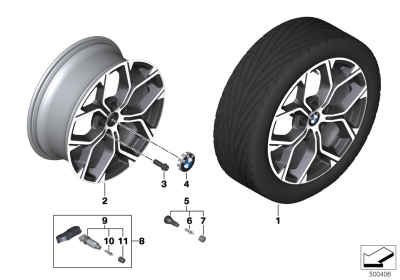 Picture board BMW light-alloy wheel Y-spoke 579- 18´´ for the BMW X Series models  Original BMW spare parts from the electronic parts catalog (ETK) for BMW motor vehicles (car)   Disc wheel, light alloy, Orbitgrey, Hub cap with chrome edge, Repair kit, sc