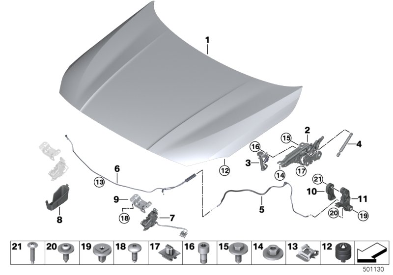Picture board Bonnet / mounted parts for the BMW 1 Series models  Original BMW spare parts from the electronic parts catalog (ETK) for BMW motor vehicles (car)   Actuator, rear left, Bowden cable, bonnet, rear, Bowden cable, engine comp. lid, rear, Cable 