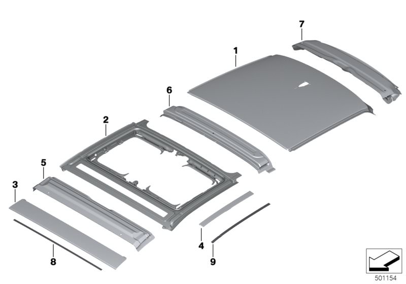 Illustration du Pavillon pour les BMW i Série Modèles  Pièces de rechange d'origine BMW du catalogue de pièces électroniques (ETK) pour véhicules automobiles BMW (voiture)   Adhesive tape, double-sided, Apron, Rear window frame, Roof bow, middle, Roof Fra