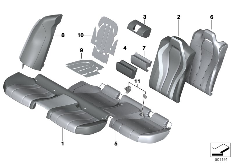 Picture board Seat, rear, cushion and cover for the BMW 8ˋ series  Original BMW spare parts from the electronic parts catalog (ETK) for BMW motor vehicles (car)   Cover for comfort backrest,leather right, Cover for comfort seat, leather, Cover, backrest, 