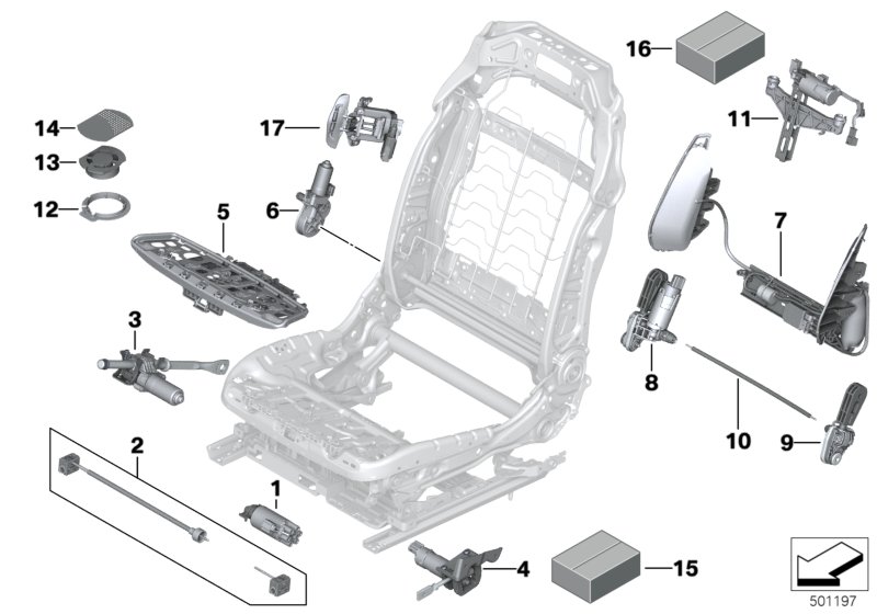 Picture board Seat, front, electrical system & drives for the BMW 5 Series models  Original BMW spare parts from the electronic parts catalog (ETK) for BMW motor vehicles (car)   Actuator f upper backrest adjustment, Attachment set, seat frame, Clim.-cont