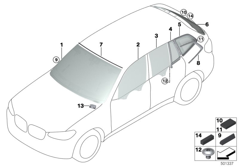 Picture board Glazing for the BMW X Series models  Original BMW spare parts from the electronic parts catalog (ETK) for BMW motor vehicles (car)   Bump stop, Cover, windshield, top, Finisher, side window, rear right, Holder for vehicle identification numb