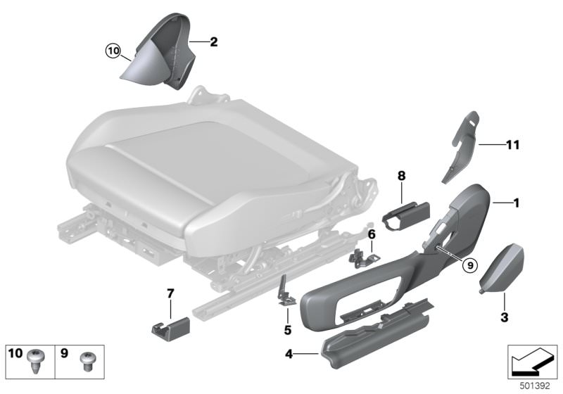 Picture board Seat, front, seat panels, electrical for the BMW 8ˋ series  Original BMW spare parts from the electronic parts catalog (ETK) for BMW motor vehicles (car)   Cover cap seat rail front right, Cover trim seat outer left, Fillister head screw, Fi