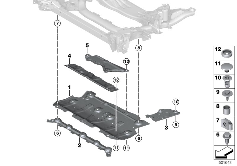 Picture board Front axle support AWD underride prot. for the BMW 3 Series models  Original BMW spare parts from the electronic parts catalog (ETK) for BMW motor vehicles (car)   Absorber for stiffening plate front, Absorber for stiffening plate rear, Clip