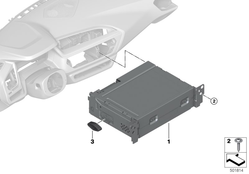 Bildtafel Headunit Basic Media 2 für die BMW Z Modelle  Original BMW Ersatzteile aus dem elektronischen Teilekatalog (ETK) für BMW Kraftfahrzeuge( Auto)    Führung, Headunit Basic Media 2, Linsenschraube mit Unterlegscheibe