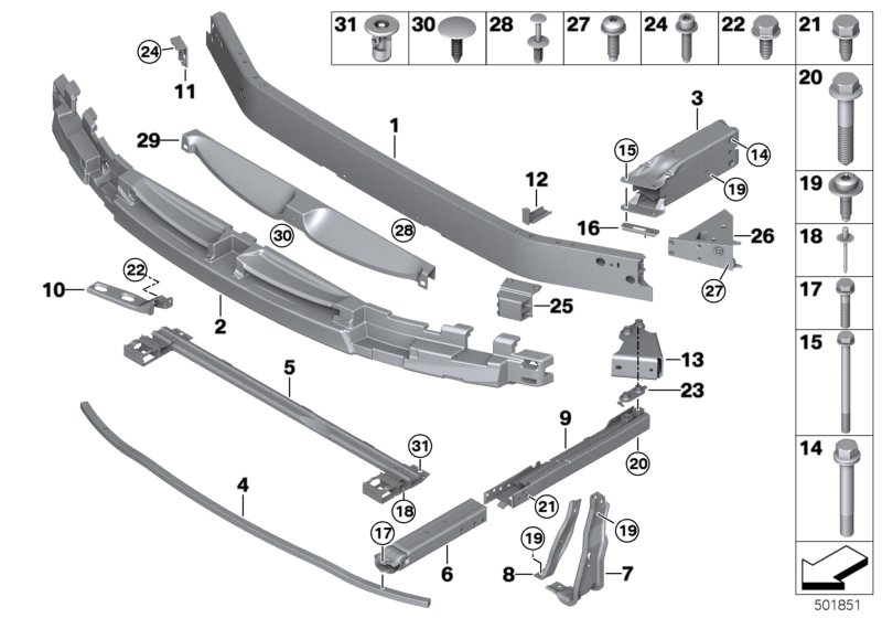 Picture board Support, front for the BMW X Series models  Original BMW spare parts from the electronic parts catalog (ETK) for BMW motor vehicles (car)   Adapter, bottom right, Blind rivet, Carrier, bumper, front bottom, Carrier, bumper, front top, Coveri