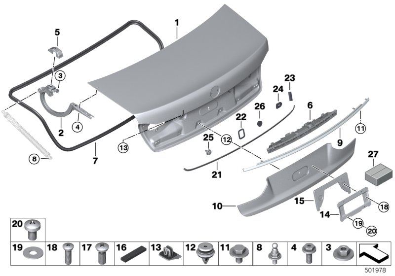 Picture board Single components for trunk lid for the BMW 7 Series models  Original BMW spare parts from the electronic parts catalog (ETK) for BMW motor vehicles (car)   Adhesive pad, Ball pin, Clip with washer, natur, Countersunk screw, Cover, hinge, Fa