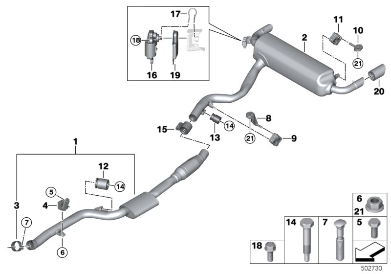 Picture board Exhaust system, rear for the BMW 3 Series models  Original BMW spare parts from the electronic parts catalog (ETK) for BMW motor vehicles (car)   Actuator drive, exhaust flap, Bracket exhaust, rear, Bracket, rear silencer, rear right, Clampi