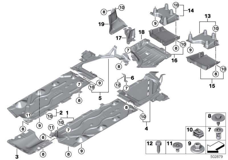 Bildtafel Unterbodenverkleidung für die BMW X Modelle  Original BMW Ersatzteile aus dem elektronischen Teilekatalog (ETK) für BMW Kraftfahrzeuge( Auto)    Abdeckung Diffusor links, Abdeckung Diffusor rechts, C-Clip Kunststoffmutter, Halter Unterbodenverkl