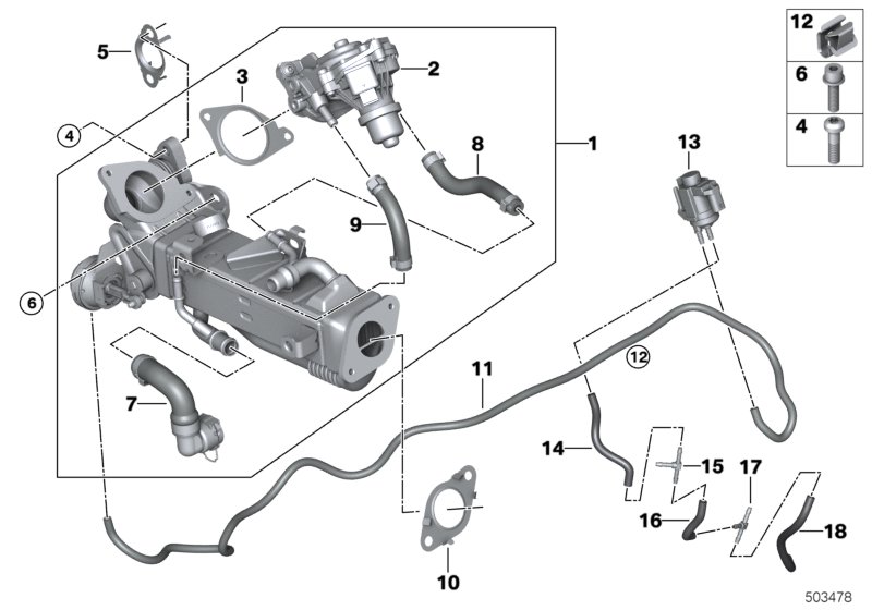 Picture board Emission reduction cooling for the BMW 5 Series models  Original BMW spare parts from the electronic parts catalog (ETK) for BMW motor vehicles (car)   Clip, EGR-valve, Electric valve, exhaust cooler, Gasket Steel, Hose, EGR egr-EGR valve, H