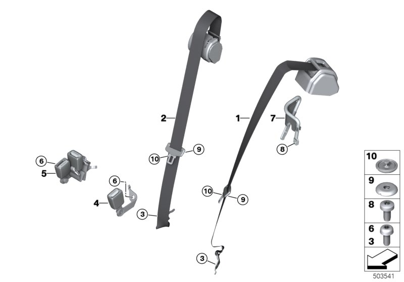 Picture board Safety belt rear for the BMW 3 Series models  Original BMW spare parts from the electronic parts catalog (ETK) for BMW motor vehicles (car)   Bar right, Button bottom, Button top, Countersunk screw, Fillister head screw, REAR centre UPPER BE