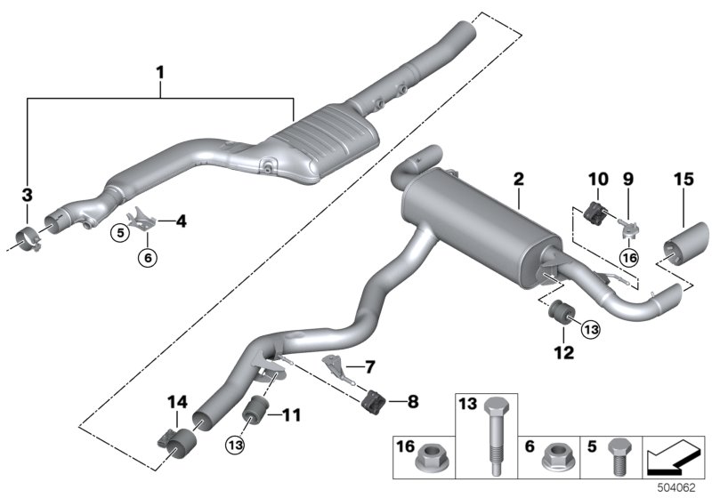 Bildtafel Abgasanlage hinten für die BMW 3er Modelle  Original BMW Ersatzteile aus dem elektronischen Teilekatalog (ETK) für BMW Kraftfahrzeuge( Auto)    Austausch SCR-Katalysator, Bundschraube, Endrohrblende schwarzchrom, Getriebehalter, Halter Nachschal