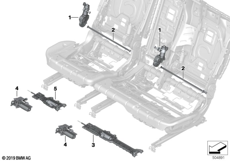 Bildtafel Sitz hinten Elektrik und Antriebe für die BMW X Modelle  Original BMW Ersatzteile aus dem elektronischen Teilekatalog (ETK) für BMW Kraftfahrzeuge( Auto)    Antrieb Lehnenneigungsverstellung, Antrieb Sitzlängsverstellung, Ersatzteilkit Lehnenant