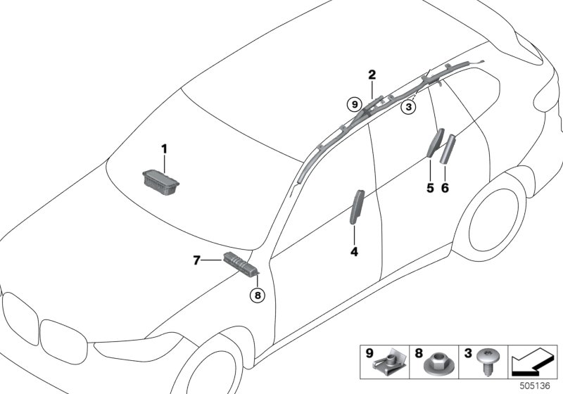 Illustration du Airbag pour les BMW X Série Modèles  Pièces de rechange d'origine BMW du catalogue de pièces électroniques (ETK) pour véhicules automobiles BMW (voiture)   Air bag Module for passenger side, C-clip nut, self-locking, Fillister head screw, 