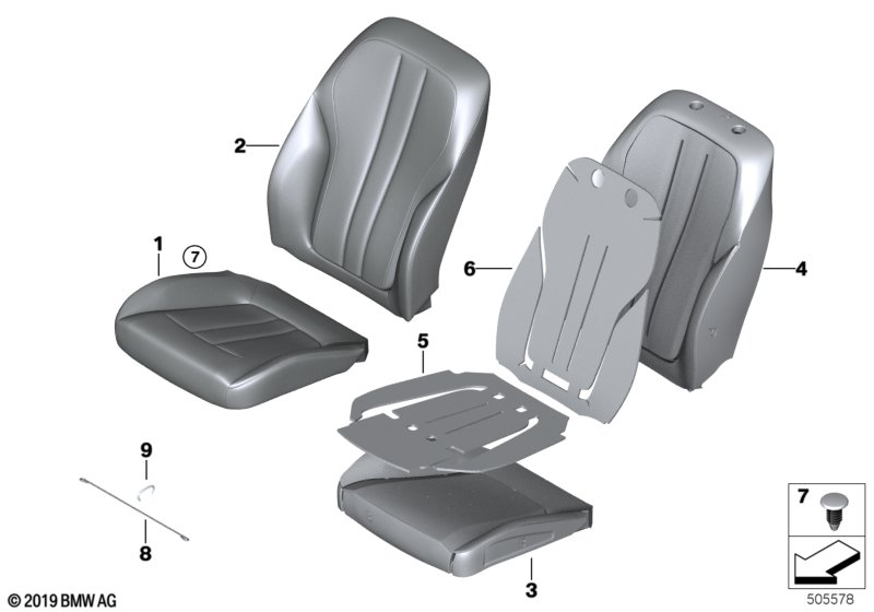 Illustration du Rembourrage/garnissage siège av. de base pour les BMW 5 Série Modèles  Pièces de rechange d'origine BMW du catalogue de pièces électroniques (ETK) pour véhicules automobiles BMW (voiture)   Clamp, Cover, basic backrest, leather, left, Foam