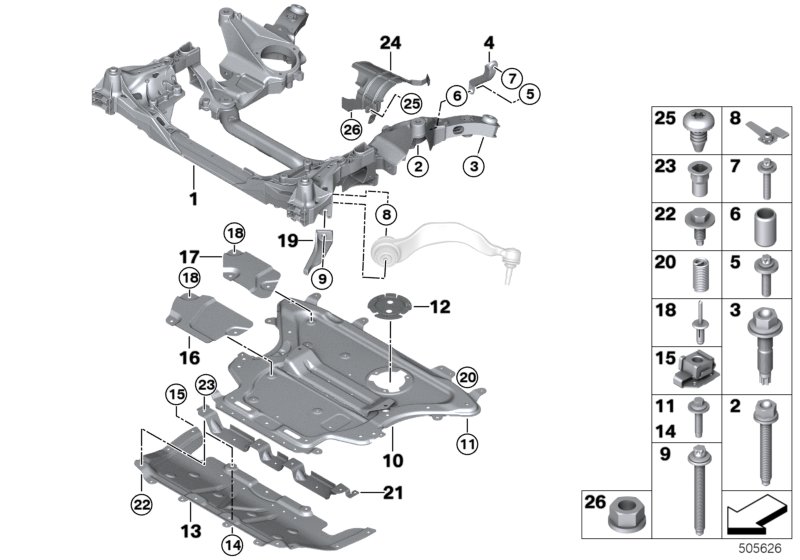 Picture board Front axle support, 4-wheel for the BMW 5 Series models  Original BMW spare parts from the electronic parts catalog (ETK) for BMW motor vehicles (car)   ASA screw with washer, Blind rivet, Blind rivet nut, flat headed, Cage nut, Clip nut, ri