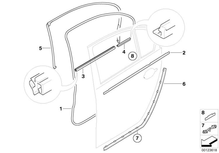 Outer weatherstrip, rear left door, Number 02 in the illustration