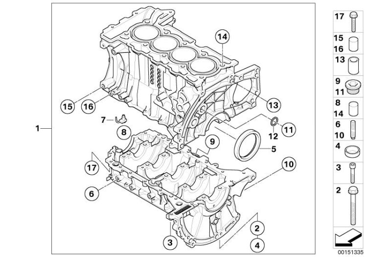 11110413244 ENGINE BLOCK WITH CRANKGEAR Engine Engine housing Mini Cabrio Cabrio  Clubman  Cabrio  >151335<, Carter d.L.cilind.c.mecanismo ciguenal