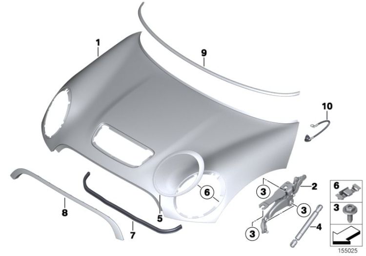 51712751261 Seal engine bonnet front Bodywork Hood Mini Countryman Countryman  Clubman  Clubman N Cabrio  Cabrio N Coupé  Roadster  >155025<, Guarnizione del cofano anterior