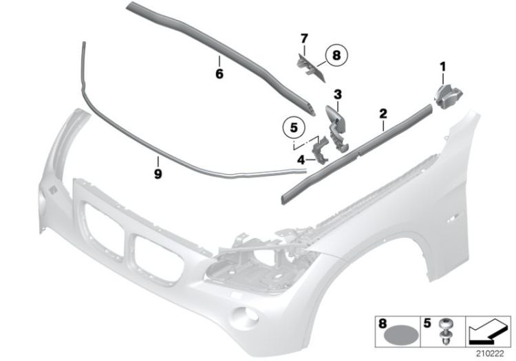 51762991416 Seal units compartment lateral Bodywork Hood BMW X1 X1  E84 >210222<, Guarnizione laterale vano gruppi elettr.