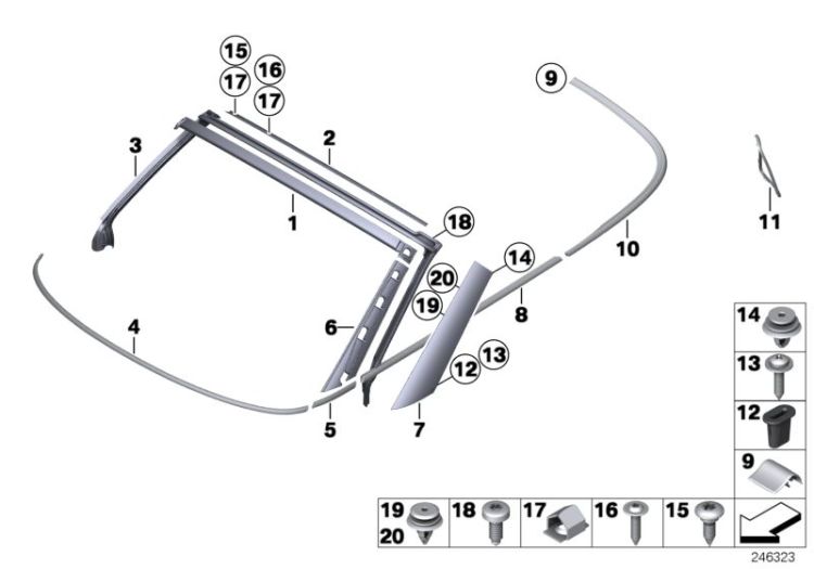 Outer weatherstrip, right, Number 08 in the illustration