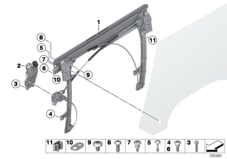 Window lifter without motor,front right, Number 01 in the illustration