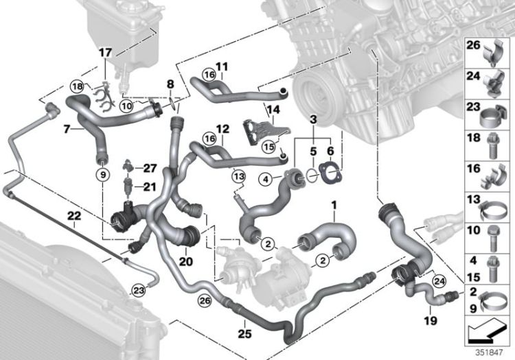 Hose, cylinder head-thermostat, Number 07 in the illustration