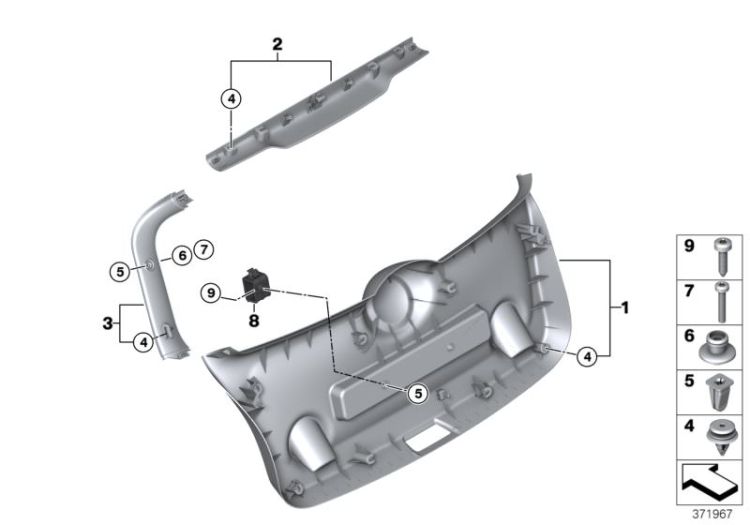 Lower tail lid trim panel, Number 01 in the illustration