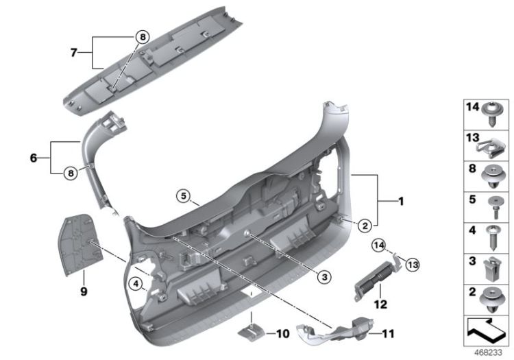 51497414936 Trim panel tailgate bottom inner Vehicle trim Luggage compartment BMW 2er F46 F46 >468233<, Revestimiento capó tras. inferior int.