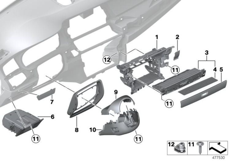 51169199121 Trim storage compartment Vehicle trim Instrument carrier  mounting parts BMW 5er F10 F07 F07N >477530<, Moldura portaobjetos