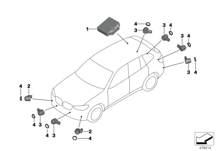 Steuergerät Park Distance Control, Nummer 01 in der Abbildung