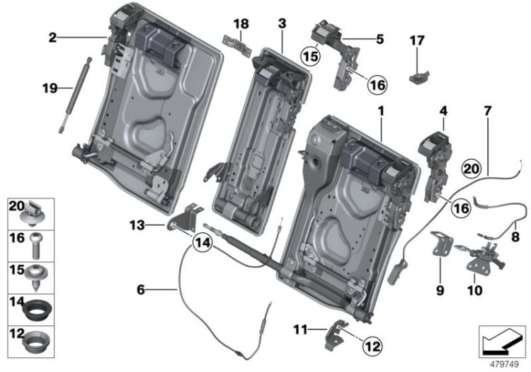 52207345852 Backrest frame right Seats Rear seat BMW 5er G30 52207264560 F11N >479749<, Telaio schienale destra