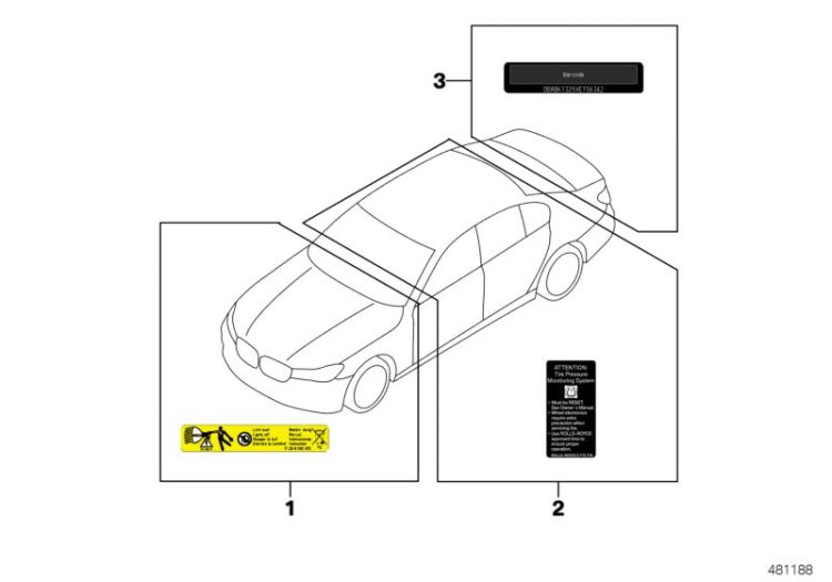 71215A057C9, 71217405584 Label  Manufacture identification  Equipment Parts Labels BMW X1 E84 71212122610 1er  F45 F23 F22 F30 F34 F33 F32 G30 5er  6er  G11 7er  BMW i8  2er  3er  4er  F82 F8 >481188<, Targhetta "Certificato produzione"