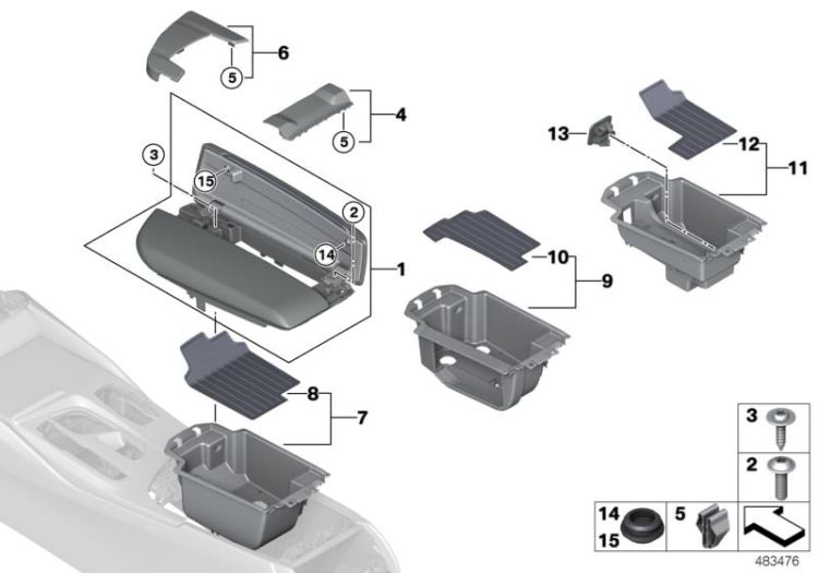 Accoudoir, console centrale cuir, numéro 01 dans l'illustration