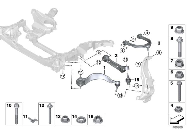 Wishbone, top, with rubber mount left, No. 03 in the picture